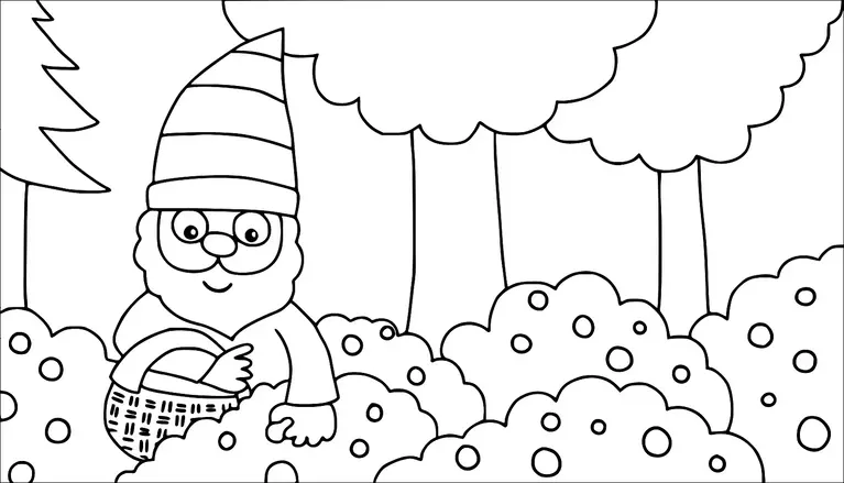 A cheerful gnome with a striped hat and glasses stands among bushes and trees. He is carrying a basket in one hand. The background includes various trees with full foliage. The scene appears to be a forest setting.