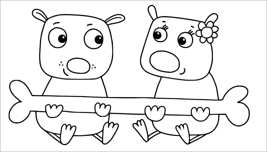 Two cartoon hippopotamuses are sitting side by side, holding a large bone together. One hippo has a flower on its head. Both have cheerful expressions with wide eyes. They appear to be interacting playfully.