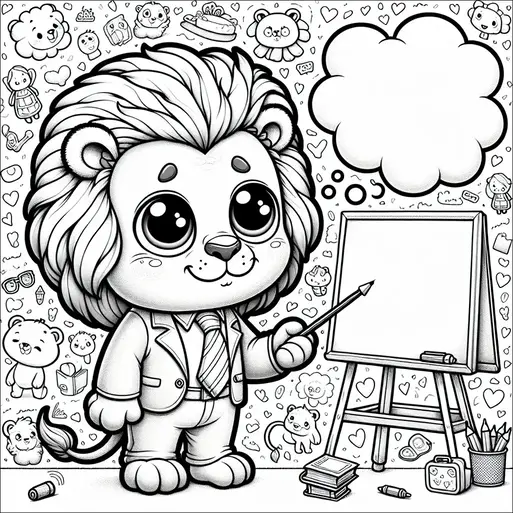 A lion character wearing a suit stands holding a pointer in one paw and a blank canvas on an easel beside it. The background is filled with small doodles, including other animals, hearts, and various objects. The lion has a thoughtful expression and large eyes, with a speech bubble above its head. Books and a pencil holder are placed on the floor next to the easel.