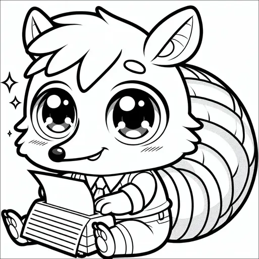 A cartoon armadillo with large eyes is sitting and smiling while holding a typewriter. It has a segmented shell and is wearing a suit and tie. The armadillo's ears are perked up, and its round cheeks give it a cheerful expression. Small stars sparkle around its face.