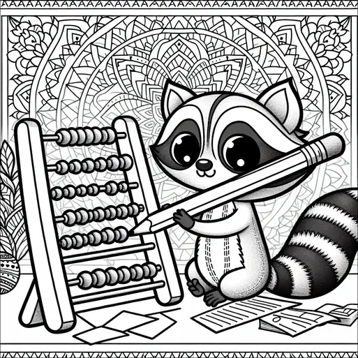 A raccoon is sitting on the ground holding a large pencil and using an abacus. Papers are scattered around, suggesting a playful learning or counting scene. The background has an intricate mandala design framed with patterns. The raccoon has expressive eyes and a bushy ringed tail.