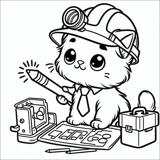 A cute kitten wearing a construction helmet and tie is holding a pencil. The kitten is surrounded by engineering tools, a blueprint, and a tool case. Its big, expressive eyes add to the playful theme of the image. The setting suggests the kitten is engaged in some engineering or architectural activity.