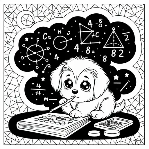 A puppy with large, expressive eyes is lying on a notepad, holding a pencil in its mouth. Mathematical symbols and geometrical shapes are depicted in a cloud-shaped thought bubble above its head. A calculator and a few coins are placed nearby. The background consists of abstract geometric patterns.