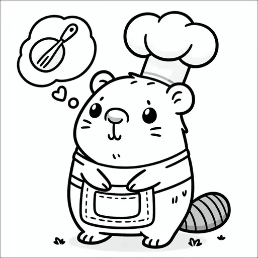 A beaver wearing a chef's hat and apron stands with a thoughtful expression. It has a thought bubble containing a whisk and a heart, indicating a love for cooking. The beaver's tail is striped and it stands on a small patch of grass.