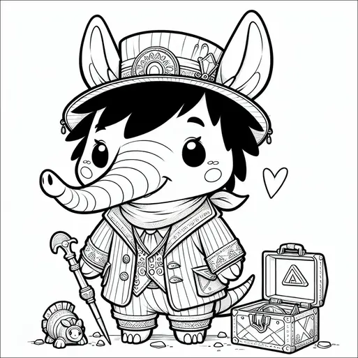 An anthropomorphic aardvark is dressed in an explorer's outfit, complete with a hat adorned with feathers. It holds a staff and stands next to a small steampunk-style mechanical armadillo and an open briefcase. A small heart symbol is drawn near its head, suggesting affection or happiness. The overall scene conveys an adventurous and whimsical atmosphere.