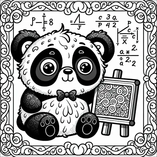 A panda is sitting with a tiny bow tie, surrounded by mathematical equations. It holds an artwork on an easel that features intricate swirling patterns. The scene is framed by an ornate border with swirling decorations. The panda appears curious and engaged in a scientific setting.