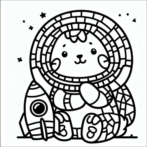 An adorable bear wearing a space helmet sits next to a small rocket. Stars are scattered around, indicating a space theme. The bear appears to be looking content and ready for an adventure.