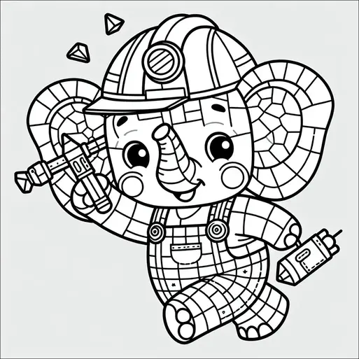 An elephant dressed as a miner holds a pickaxe and a dynamite stick. The elephant wears a hard hat and overalls, and appears cheerful and energetic. Two diamond shapes are depicted in the background. The scene suggests the elephant is on a mining adventure.