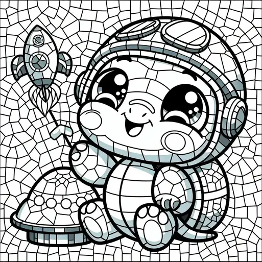 A cheerful turtle wearing an aviator cap and goggles is holding a small toy rocket. The background consists of a mosaic pattern, enhancing the playful space-themed scene. The turtle has a big smile and expressive eyes, emphasizing its joyful mood. It sits next to a small spaceship resting on the ground.