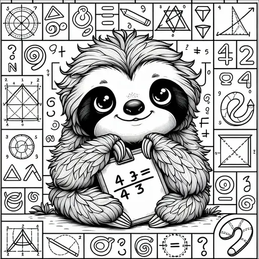 A cartoon sloth holds a math book with the equation "4 ÷ 3 = 4/3" written on it. The background is filled with various mathematical symbols, shapes, and formulas. The sloth appears cheerful and surrounded by educational elements. Its friendly expression and detailed fur add to its charm.