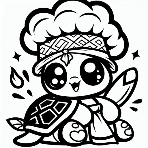 A cartoon turtle with a large, expressive face is wearing a chef's hat and headband. It holds a wooden spoon and has a patterned shell with hearts on its feet. There are decorative elements like a splash and stars around it, giving a playful touch. The turtle has a happy expression.