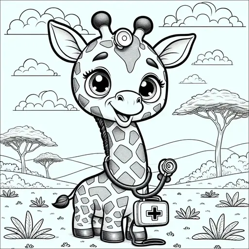 A cartoon giraffe with a big smile is wearing a stethoscope and holding a medical bag with a cross on it. Behind the giraffe, there are savanna trees and rolling hills under a cloudy sky. The scene conveys a playful and friendly atmosphere. The giraffe appears to be acting as a doctor or healthcare provider.