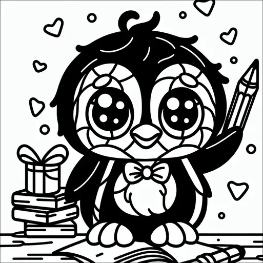 A penguin with large eyes and a bow tie holds a pencil, sitting beside an open book. There are small hearts scattered around, and a stack of books with a gift box on top. The scene has a playful and cheerful feel. The penguin appears happy and studious.