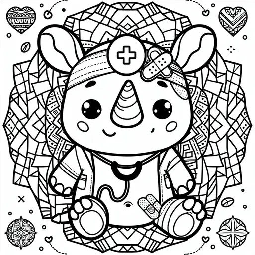 A cute rhino dressed as a doctor is sitting in the center surrounded by intricate patterns. The rhino has a stethoscope around its neck and bandages on its head and knee. Hearts and geometric designs are scattered in the background. The rhino wears a headlamp with a medical cross on it and smiles warmly.