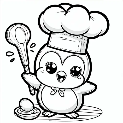 A cute penguin is wearing a chef's hat and holding a large spoon. There is an egg resting in a dish nearby. The penguin appears cheerful and excited, suggesting it is ready to cook. The scene is playful and centered around a cooking theme.