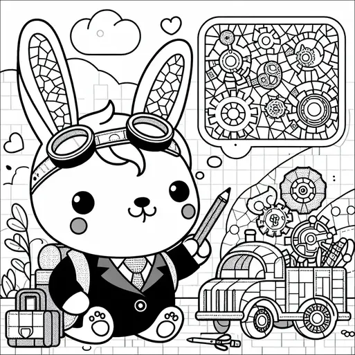 A rabbit wearing goggles and a suit sits with a pencil in hand. It is surrounded by gears and machinery with a backpack and briefcase by its side. A speech bubble filled with intricate gears hovers above, suggesting its thoughts about mechanics. The background includes clouds and leaves.