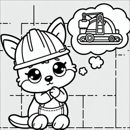 A small animal wearing a construction helmet is shown thinking about a large excavator, with a thought bubble containing an image of the machinery. The animal, possibly a fox or raccoon, has large, expressive eyes and is standing on its hind legs. It is wearing a bib-like garment, adding to its playful appearance. The background has a light construction plan or blueprint pattern.