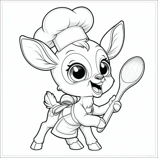 A cheerful young deer is wearing a chef's hat and apron, holding a large cooking spoon. It has big, expressive eyes and an open mouth as if it's happily chatting. Its pose is playful and inviting, suggesting readiness to cook. The scene is imaginative and endearing, combining wildlife with culinary elements.