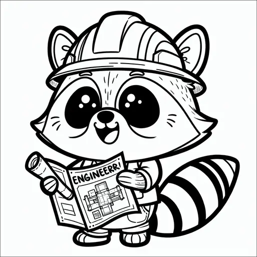 A raccoon wearing a hard hat is holding a blueprint and an engineering magazine. The raccoon stands upright, displaying a happy expression. Its striped tail is visible behind it. The background is plain and unadorned.