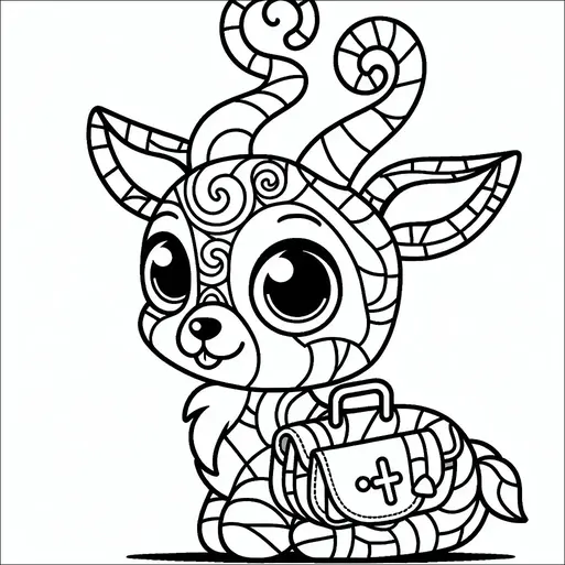 A stylized, cartoonish deer with large, expressive eyes has ornate swirling patterns on its body. Its antlers have a spiral design, adding to its whimsical appearance. The deer is sitting down and holding a small satchel or bag with a simple cross on the flap. The overall look is friendly and enchanting.