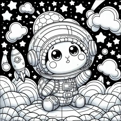 A character in a space suit sits on a planet with stars, clouds, and a rocket in the background. The sky is filled with stars and a shooting star. Puffy clouds float around, adding to the celestial theme. The character looks cheerful and wide-eyed.