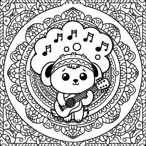 A cute dog with fluffy ears is playing a guitar and surrounded by a pattern of intricate mandalas. Musical notes float above its head, suggesting it is happily immersed in music. The dog wears a decorative headband, adding a playful touch to its appearance. The background features symmetrical, detailed designs enhancing the whimsical theme.