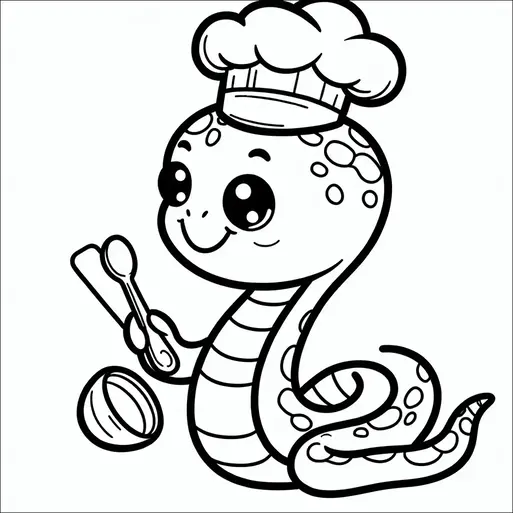 A snake wearing a chef's hat is happily holding a wooden spoon and a bowl. It has large, expressive eyes and a patterned body with spots and stripes. The snake appears to be in a joyful mood, ready to cook. This charming character combines the traits of a snake with culinary elements.