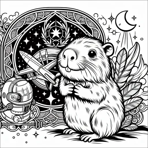 A guinea pig stands in front of an ornate, celestial background featuring stars, a moon, and a rocket. A small robot with an astronaut helmet is placed beside the animal. Large feathers are arranged behind the guinea pig. Intricate patterns frame the scene, adding a whimsical touch to the cosmic theme.