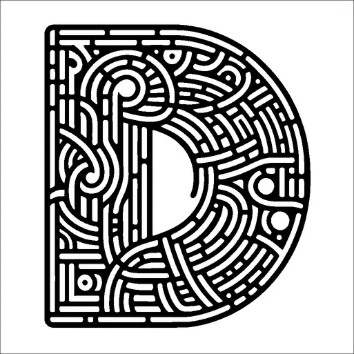 A black, intricately designed letter "D" fills the image. The letter is comprised of a maze-like pattern with various interconnected paths and swirls. Circular, linear, and curvilinear elements create a complex and artistic appearance within the confines of the letter's outline. The design suggests movement and intricacy, with multiple paths leading in different directions.