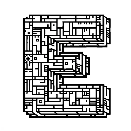 This image shows the letter "E" with a complex, geometric maze pattern filling its interior. The design incorporates various shapes and lines, giving it a detailed, intricate appearance. The overall structure of the letter is bold and stands out against a plain background. It combines artistic flair with a puzzle-like quality.