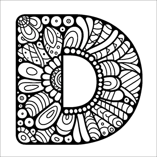 A large letter "D" is intricately filled with various decorative patterns that include swirls, circles, and floral motifs. These patterns exhibit a mix of geometric and organic shapes, adding a sense of movement and complexity to the design. The black outlines create a striking contrast against a white background, highlighting the detailed artwork. The composition is both symmetrical and balanced, providing a pleasing visual effect.