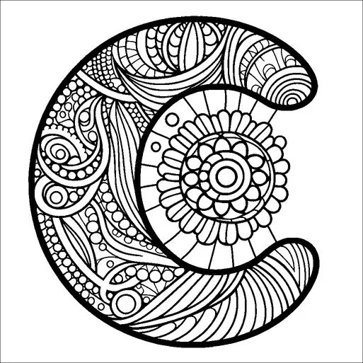 A detailed, intricate pattern forms the shape of a crescent moon with swirling lines and circular motifs. Inside the crescent, there is a large central flower-like mandala design. The patterns include dots, waves, and various geometric shapes, creating a harmonious blend. The composition is symmetrical and visually balanced, inviting exploration of its complex elements.