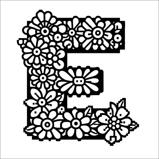 A floral design arranged in the shape of the letter "E" is shown, filled with an array of intricately detailed flowers. Each flower has distinct petals and center designs, contributing to the symmetrical and decorative appearance. The flowers are tightly packed, creating a cohesive and unified shape for the letter. The background is plain, emphasizing the detailed flower patterns within the letter.