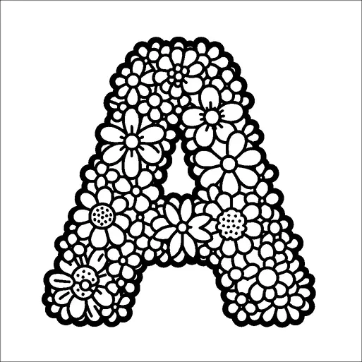 A large letter "A" is intricately formed by an array of different flowers. Various sizes and types of blooms make up the letter, creating a dense and decorative floral arrangement. The flowers have petals and centers detailed in different styles, giving a rich texture to the composition. The overall effect is a harmonious blend of nature and typography.