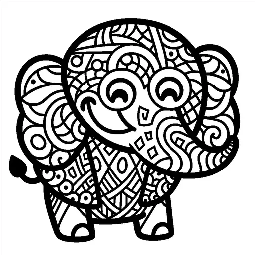 A stylized elephant is adorned with intricate patterns over its entire body, including swirls, circles, and geometric shapes. The elephant appears to be smiling, giving it a friendly and inviting demeanor. Its large ears and trunk are highlighted with bold designs, enhancing its whimsical appearance. The overall composition is playful and eye-catching, ideal for creative exploration.