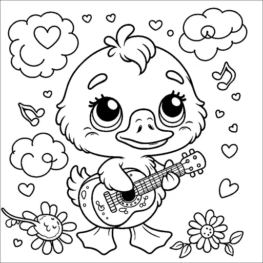 A cute duckling is joyfully playing a guitar surrounded by musical notes, hearts, and fluffy clouds. The duckling has big, expressive eyes and stands amidst cheerful flowers, one of which has a smiling face. The scene conveys a sense of happiness and musical delight, with elements such as hearts and music symbols floating around to emphasize the joyful theme. The overall setting is playful and imaginative, with a strong emphasis on music and nature.