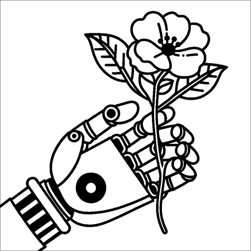 A robotic hand gently holds a flower, capturing a contrast between technology and nature. The flower has detailed petals and leaves, adding organic elements to the image. The robotic hand features joints and articulated fingers, emphasizing mechanical precision. The overall composition suggests a harmonious interaction between human-made technology and the natural world.