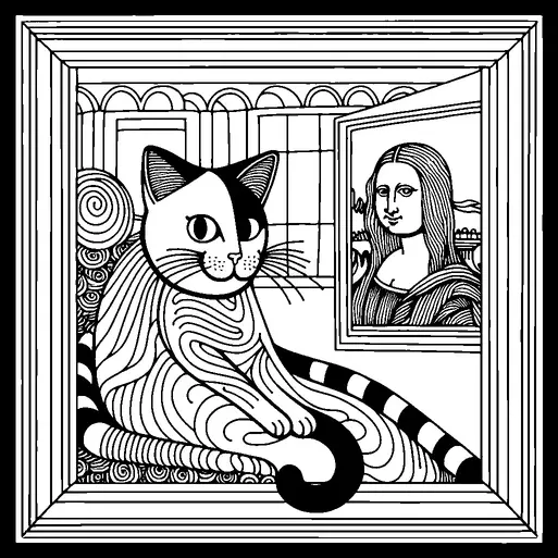 A cat with a patchy face sits contentedly on a windowsill, where ornate patterns surround it. Behind the cat, a framed picture reminiscent of the Mona Lisa can be seen, adding an iconic artistic element to the scene. The design is rich in texture with swirling lines and forms creating an artistic, playful backdrop. The cat's expression appears cheerful and relaxed, contributing to a whimsical atmosphere.