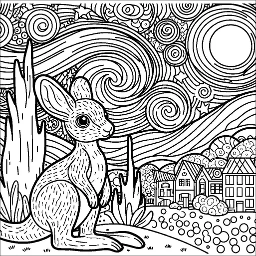 A whimsical rabbit stands in a field, surrounded by tall grass and small houses in the distance. The sky is filled with swirling patterns and stars, reminiscent of a starry night. The landscape features rolling hills adorned with bushes and trees. The scene combines natural elements with an imaginative and artistic backdrop.