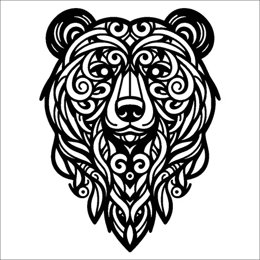 A symmetrical design of a bear's face is created with intricate swirling patterns and shapes. The bear's eyes, nose, and mouth are centered, framed by elaborate, curving lines that mimic the texture of fur. The composition emphasizes harmony and repetition, utilizing curves to form a cohesive and detailed depiction. The use of bold lines adds a sense of depth and visual interest.