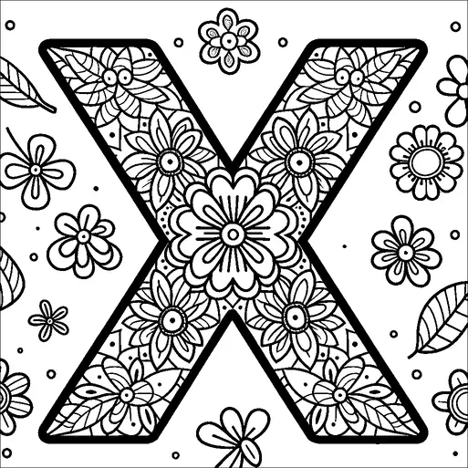 A large letter 'X' is intricately filled with detailed floral patterns, including a variety of flowers, leaves, and geometric shapes. Surrounding the letter, additional small flowers and leaves are scattered, enhancing the decorative theme. The design is symmetrical and balanced, creating a harmonious floral motif throughout. The elements are arranged to create both complexity within the letter and an engaging surrounding environment.