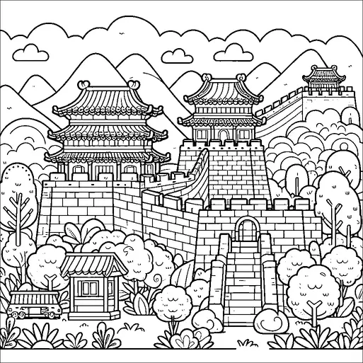 A detailed scene of ancient architecture with pagodas and a fortified wall reminiscent of the Great Wall of China, set against a backdrop of rolling hills and mountains. The foreground is filled with lush trees and a small building, capturing a tranquil and harmonious landscape. Cloud formations fill the sky, adding depth and interest. Charming and serene, the scene embodies traditional Chinese architectural elements.