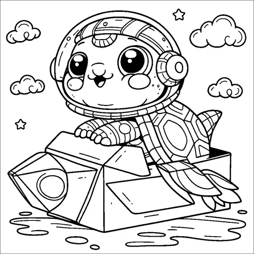 A cute turtle wearing a space helmet rides in a small spaceship. It has big, sparkling eyes and is smiling, surrounded by clouds and stars. The scene is playful and imaginative, suggesting an adventure in outer space. The turtle's shell and the spaceship are detailed with various patterns.