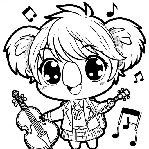 A cute koala character stands cheerfully, holding a violin and a bow, dressed in a school uniform with a plaid skirt. The character has large, expressive eyes and fluffy ears. Musical notes float around the character, conveying a sense of music and joy. The overall appearance is playful and charming.