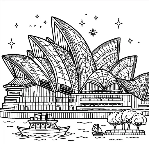 This illustration portrays the Sydney Opera House, characterized by its iconic sail-like architecture. It is set against a backdrop of stars in the sky, suggesting a nighttime scene. In the foreground, boats can be seen in the water, along with a small island featuring a group of trees. The scene captures the essence of Sydney's famous harbor area.