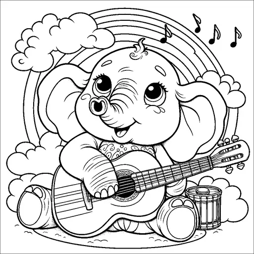 A cute elephant is playing a guitar while sitting happily amidst clouds. There's a rainbow arching behind it and musical notes floating above, suggesting it's playing a tune. The elephant has large, expressive eyes and a small tuft of hair on its head. Next to the elephant is a small drum, adding to the musical theme.