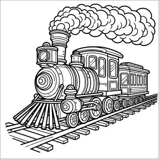 A steam locomotive is shown on train tracks, with detailed features including a large smokestack and multiple wheels. Billowing clouds of steam rise from the chimney, suggesting the train is in motion. The design incorporates intricate elements like rivets on the boiler and windows on the cab. The scene is dynamic, highlighting the train's classic appearance.