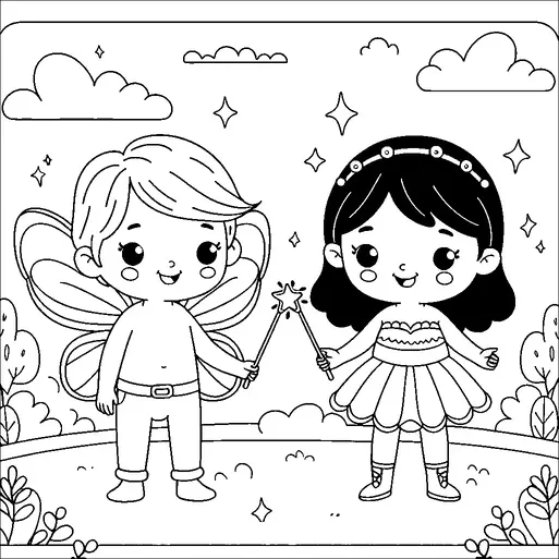 Two fairy children stand in a whimsical landscape, holding star-tipped wands. The boy has short hair and butterfly wings, while the girl has long hair and wears a dress. They are surrounded by clouds, stars, and small plants. Both children have happy expressions, adding to the magical and friendly atmosphere.