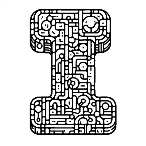 A large, stylized letter "I" is composed of numerous interconnected geometric shapes and patterns. The design includes circles, lines, and abstract forms densely packed within the letter's boundaries. The overall appearance is intricate, with a maze-like configuration that draws attention to the complexity of the design. The artwork is monochromatic, emphasizing the contrast between the filled shapes and the spaces within the letter.