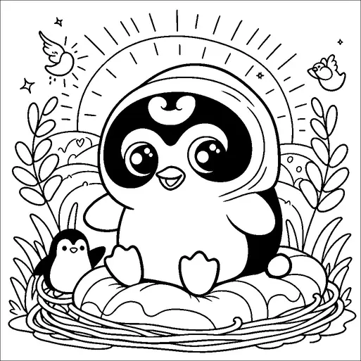 A cute penguin is sitting in a nest with a joyful expression, surrounded by leaves and smiling birds. Sun rays spread out from behind, creating a cheerful and warm atmosphere. Another small penguin is peeking from behind, adding to the playful scene. Decorative elements like stars and a crescent moon add a whimsical touch.